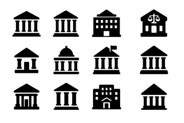 Court Icons Collection. Solid style icons of court buildings: classical courthouse facade, courthouse with pillars, state court