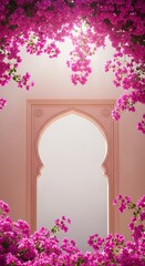 Beautiful Archway Frame Decorated with Vibrant Pink Bougainvillea Flowers and Sunlight