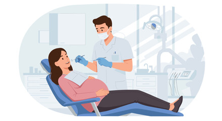 Obraz premium Pregnant woman receiving dental treatment from male dentist in clinic 