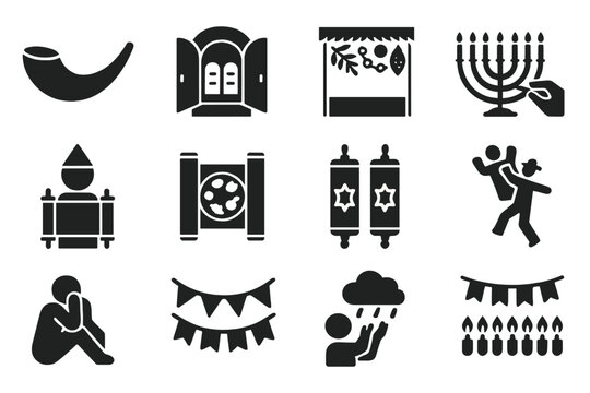 Jewish Holiday Icons. Solid style icons of synagogue during holidays: Rosh Hashanah shofar, Yom Kippur ark open, Sukkot