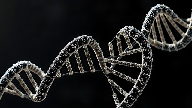 A DNA helix woven from mathematical formulas, entwining all known life within its spiral.