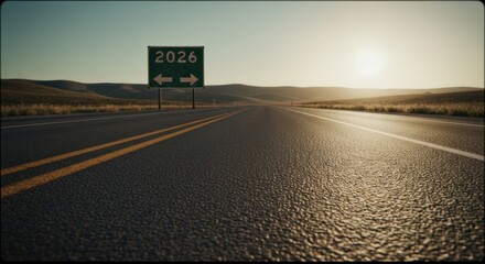 Empty highway road extends into the distance, a directional sign for 2026 is centrally positioned, with the sun rising in the background