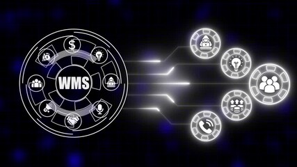 Warehouse Management System W M S icons representing logistics business finance teamwork communication innovation security and growth with digital interface and data flow on - Powered by Adobe