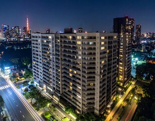 Fototapeta premium Aerial view of illuminated apartment buildings at night in a city