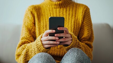 Woman using a banking app on her smartphone, home comfort, digital finance, modern 