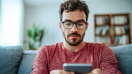 Young adult thoughtfully comparing different investment apps on their smartphone, casual home setting, informed decision 