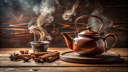 Enjoy a calming tea ritual with steaming teapot, cinnamon sticks, and star anise against a cozy wooden backdrop