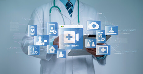 Obraz premium Doctor using tablet with futuristic telemedicine technology, digital healthcare icons, cloud service and 24-7 online consultation concept for modern medical innovation and remote patient care