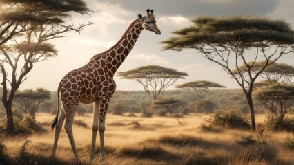 Obraz premium Giraffe in African savanna at sunrise