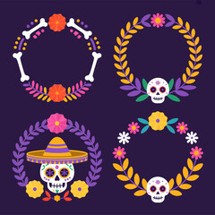 Skeleton wreath frames, Dia de Muertos design, bone arms circles, skull accents, floral clusters, dark purple vector illustration