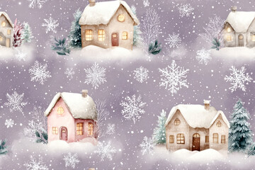 Charming Winter Cottages in Snowy Wonderland with Snowflakes and Pine Trees. Christmas or New Year concept