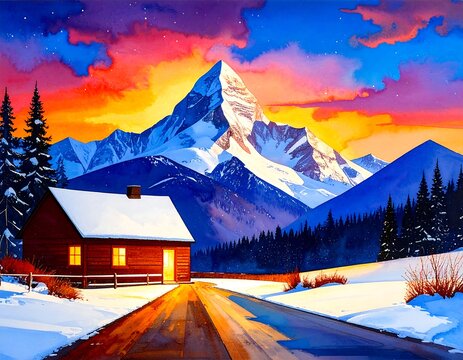 Winter mountain cabin scene at dusk