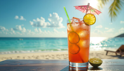 Tropical fruit punch in tall glass on beachside table with ocean backdrop