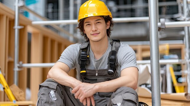 Young worker in a safety helmet poses happily on a rooftop while surrounded by green trees and power lines on a bright day