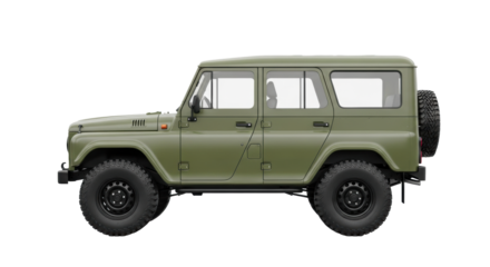 A robust vintage matte olive green 4x4 SUV, boxy and rugged with knobby tires, on a transparent studio background with copy space, concept of adventurous exploration