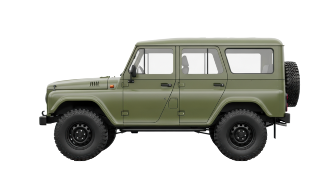 A robust vintage matte olive green 4x4 SUV, boxy and rugged with knobby tires, on a transparent studio background with copy space, concept of adventurous exploration