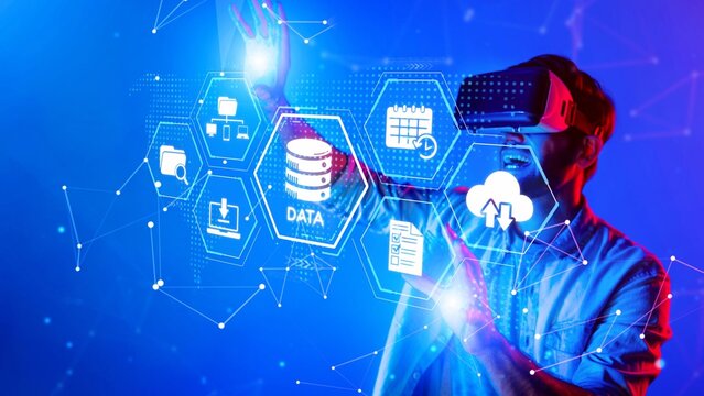 A man interacts with a vibrant virtual reality environment, showcasing data visualization and advanced technology in an immersive digital space perfect for innovation themes. Raster - Powered by Adobe