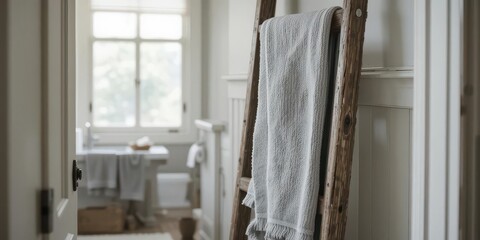 Farmhouse Bathroom Scene  Focus on the Texture of Gray Linen Towels and the Rustic Charm of Weathered Wood