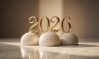 Gold 2026 numerals on small white orbs