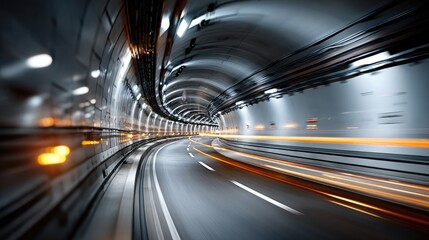 Bright streaks of light from vehicles create a lively atmosphere while navigating through a curved tunnel during nighttime