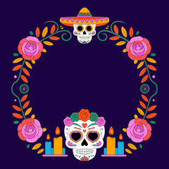 Rose wreath frame, Dia de Muertos layout, skull with mustache and sombrero, candle altar base, decorative purple vector