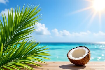 Obraz premium Tropical scene with a halved coconut and palm leaves on the right, ample empty space on the left for copy, vibrant and sunny vibe, optimized for.