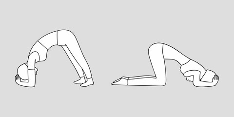 Line art illustrations of yoga poses showing flexibility and stretching for wellness and fitness