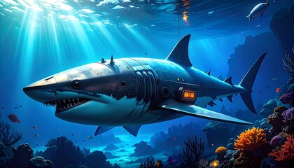 Cyborg Great White Shark Underwater: Futuristic Marine Life