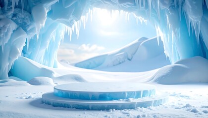 Icy Blue Cave with Two-Tiered Ice Platform in Snowy Landscape