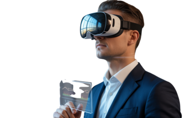 - Professional Man in Suit Using Virtual Reality Headset with Holographic Charts