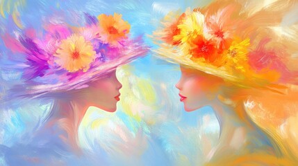 Obraz premium Colorful female portraits with floral hats