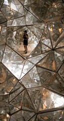 A person stands within a complex, multifaceted structure of reflective glass panels.  The reflections create a distorted, repeating effect.  Light filters through the structure