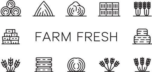 Set of line art icons depicting farm produce and agricultural elements including hay bails, wheat, sacks, and farming tools.