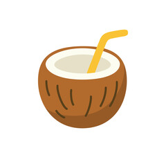 Coconut with straw flat style illustration tropical fruit drink isolated on white background