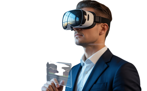 - Professional Man in Suit Using Virtual Reality Headset with Holographic Charts