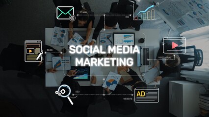 A diverse team collaborates on effective social media marketing strategies, utilizing charts and...
