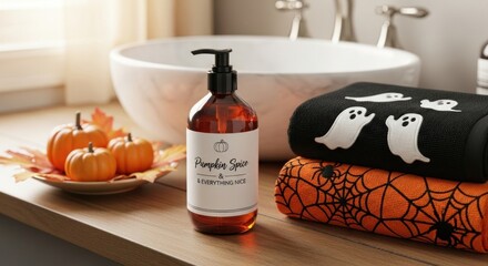 Autumn bathroom decor with pumpkin spice soap and halloween themed towels setup