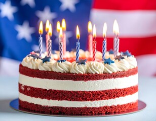 Festive red velvet cake with patriotic candles and flag