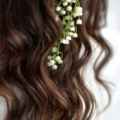 Naklejka premium Close-up of wavy brunette hair with delicate white flowers