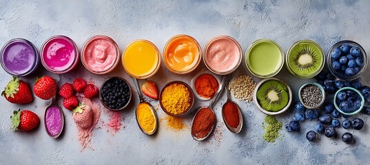 Colorful smoothie bowls and ingredients recipe healthy food photography for social media and blog posts