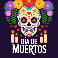 Dia de Muertos typography poster, large sugar skull, candle lights, floral crown, symmetrical decoration, dark background, vector artwork