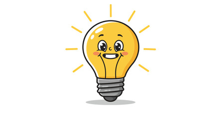 Smiling light bulb cartoon character with radiant glow and cute face