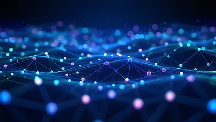 A vibrant, abstract visualization of a digital network with glowing nodes and connecting lines, conveying a sense of data and connectivity.