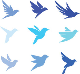 A collection of nine stylized bird illustrations in various shades of blue, depicted in flight with different wing designs.
