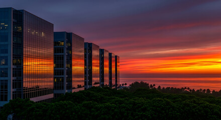 Fototapeta premium Modern glass buildings reflecting a fiery sunset over the ocean