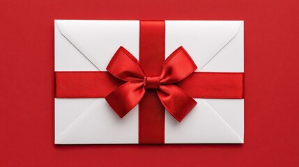 White envelope with bright red satin ribbon and decorative bow on red background for festive occasions