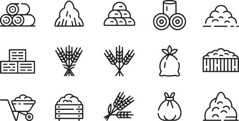 Set of line art icons depicting farm produce and agricultural elements including hay bails, wheat, sacks, and farming tools. © MR JOKER