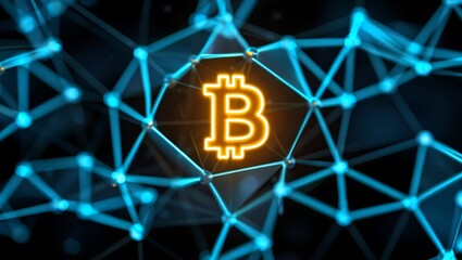 Glowing bitcoin symbol at the center of a digital network grid illustrating cryptocurrency and blockchain technology