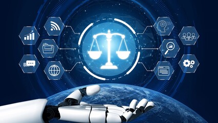 Futuristic digital law interface displaying justice scale, highlighting digital law, AI compliance,...