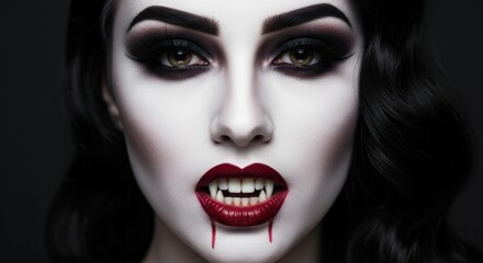 Dramatic vampire woman with pale skin and dark makeup showing fangs closeup